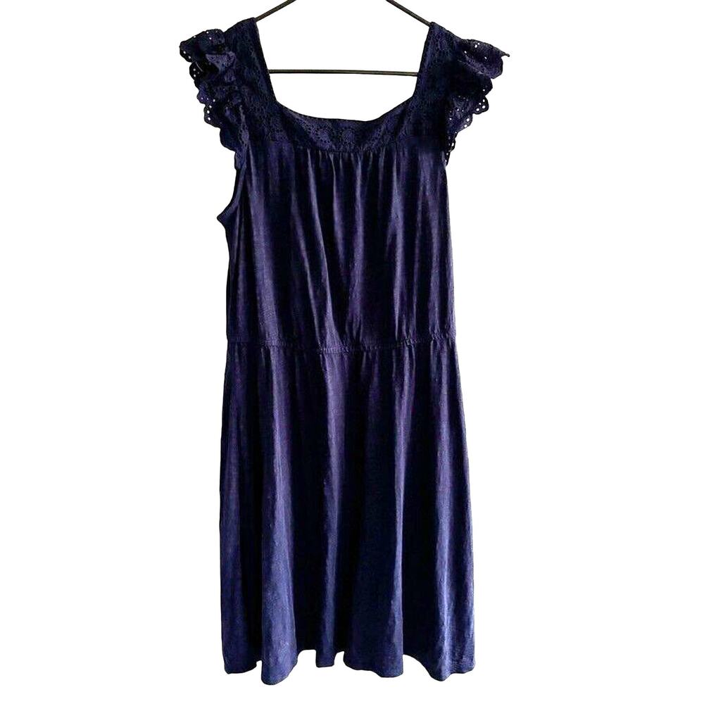 Talbots Sz L Navy Dress Eyelet Flutter Sleeve Square Neck Cottagecore Fairycore